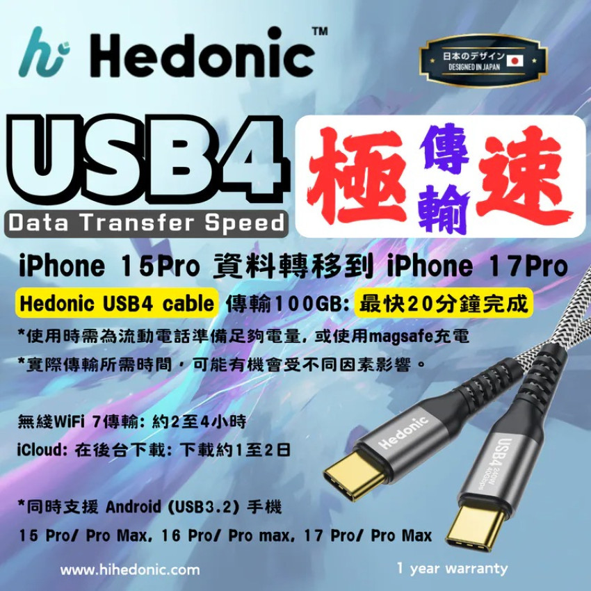 Hedonic Tough Pro Max USB-C to USB-C PD 3.1 240W USB4 40Gbps 充電傳輸線1.2M