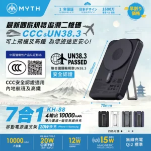(3C可追溯二維碼)Myth KH88 7合1 10000mAh PD 3.0 雙內置線+磁吸無線移動電源連支架 KH-88